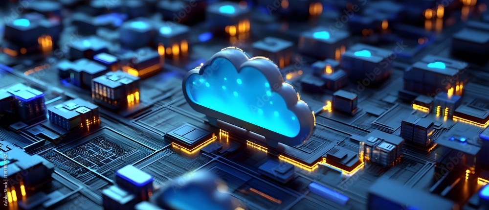 Poster a futuristic digital landscape featuring a glowing cloud icon surrounded by interconnected circuits,