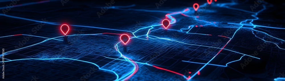 Poster a futuristic digital map showcasing glowing pathways and location markers in vibrant colors, depicti