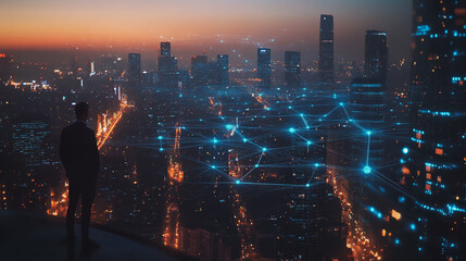 Abstract business man stands on the peak of success amid tall, innovative Smart city and graphs with statistics to analyze business potential and predict future developments in company growth.