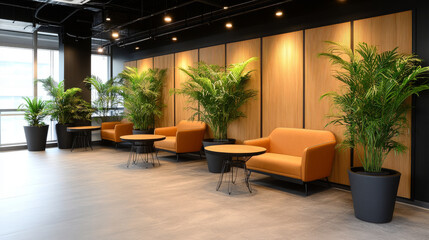 Modern co-working lounge with zigzag acoustic panels, relaxing seating arrangement, green potted plants highlighting contemporary workspace environment