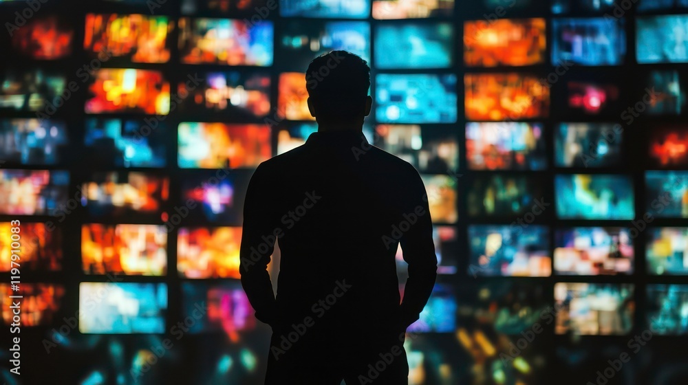 Poster Silhouette of a man facing a large screen displaying many colorful images.