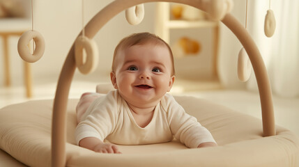 Baby smiles while playing with hanging toys on a play mat, enjoying tummy time in a cozy and warm environment