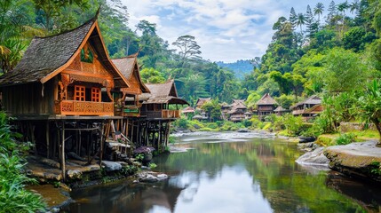 Fototapeta premium Riverfront stilt houses, lush jungle valley, serene morning