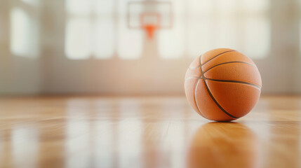 Fototapeta premium Orange basketball resting on a polished wooden court, with blurred hoop and net in the distance