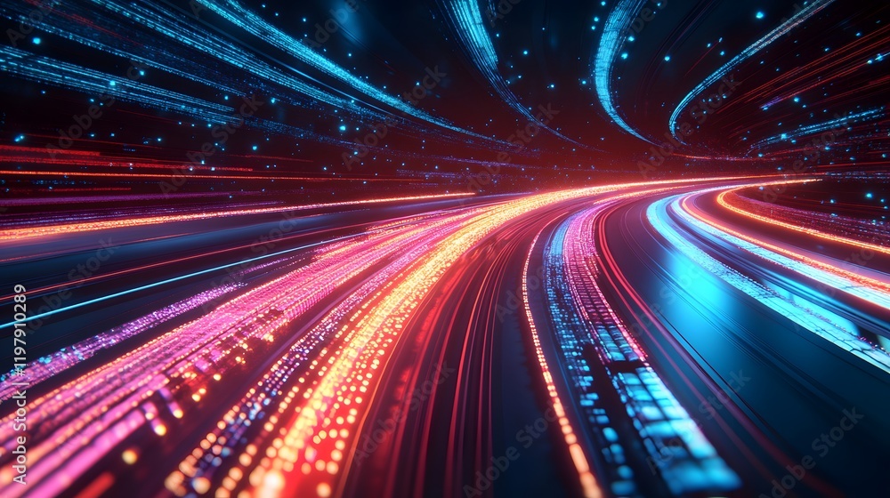 Poster a stunning visual of vibrant light trails, symbolizing speed and innovation. this dynamic image capt