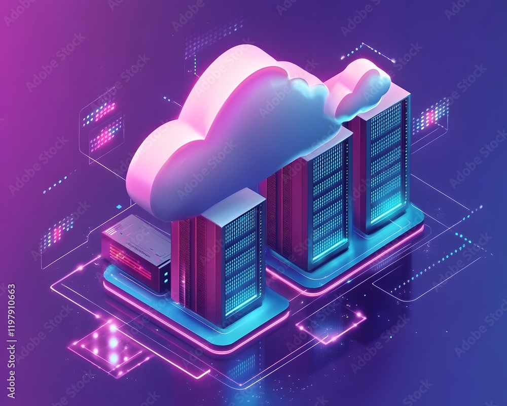 Aufkleber a vibrant and modern illustration of a cloud server concept featuring stylized data center buildings