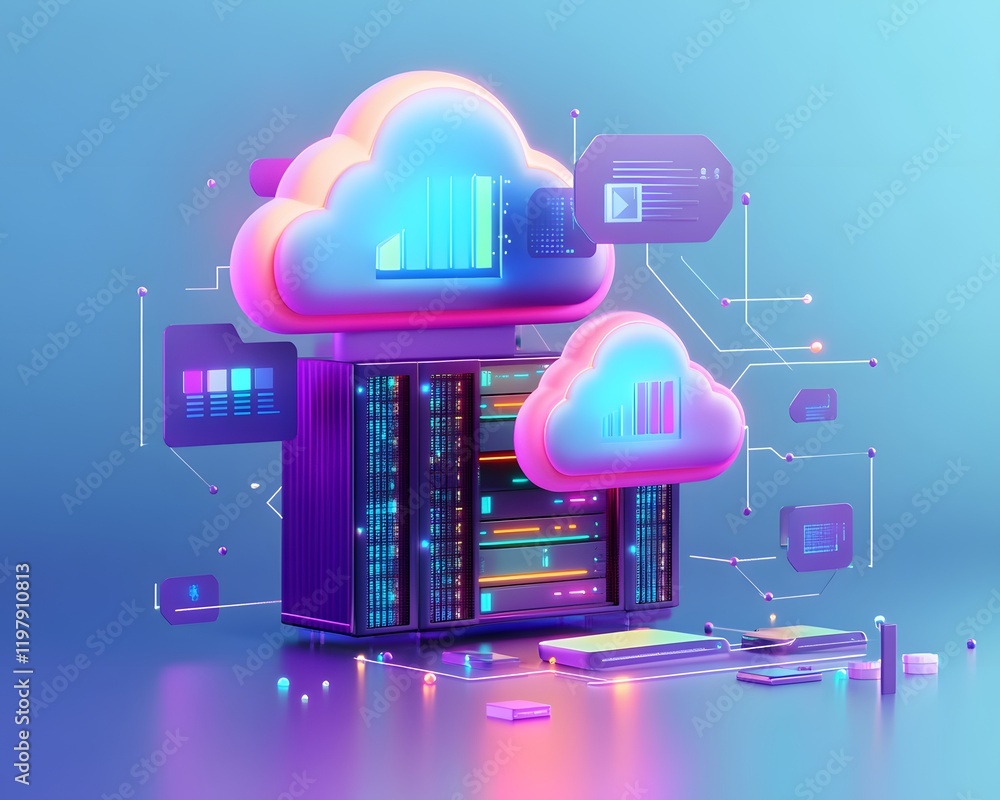 Poster a vibrant digital illustration depicting a cloud server system with colorful data visualizations. th