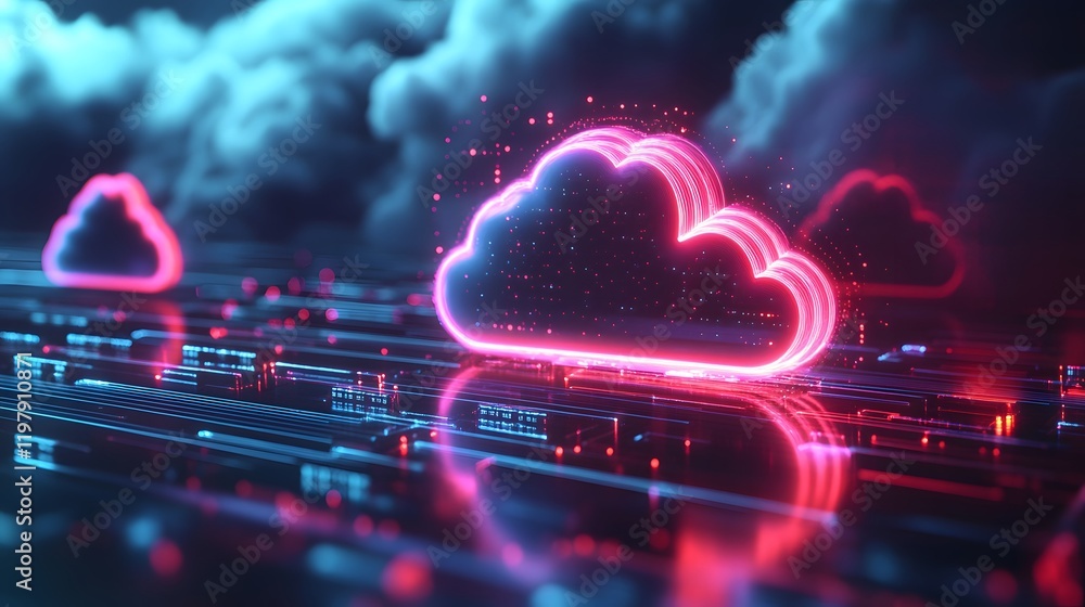 Poster a vibrant digital illustration of glowing clouds representing data storage, surrounded by abstract t
