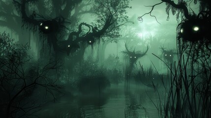 Fototapeta premium A mysterious, foggy forest scene with glowing eyes and eerie silhouettes, evoking a sense of intrigue.