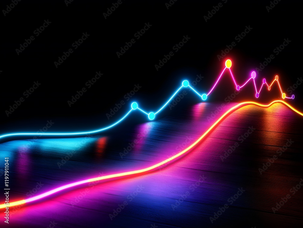 Poster a vibrant display of neon light waves illustrating dynamic data trends in a digital landscape, symbo