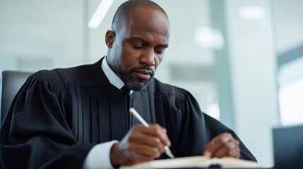 Concentrated black male judge in contemporary robe taking notes using pen and legal pad, representing justice, law, and court proceedings