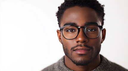 Obraz premium Young man with glasses showcasing a confident expression against a neutral background, perfect for portraits, lifestyle, and personal branding concepts