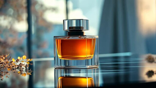 Amber perfume in a glass bottle on a reflective surface