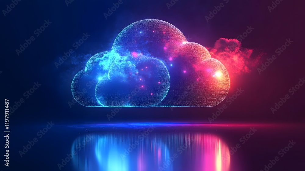 Poster a vibrant visualization of digital clouds illuminated with neon colors, reflecting creative ideas an