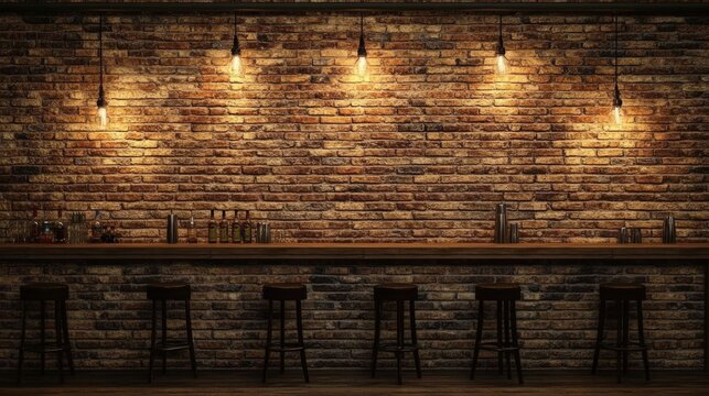 A rustic interior featuring a vintage brick wall enhances the atmosphere of the dimly lit bar.