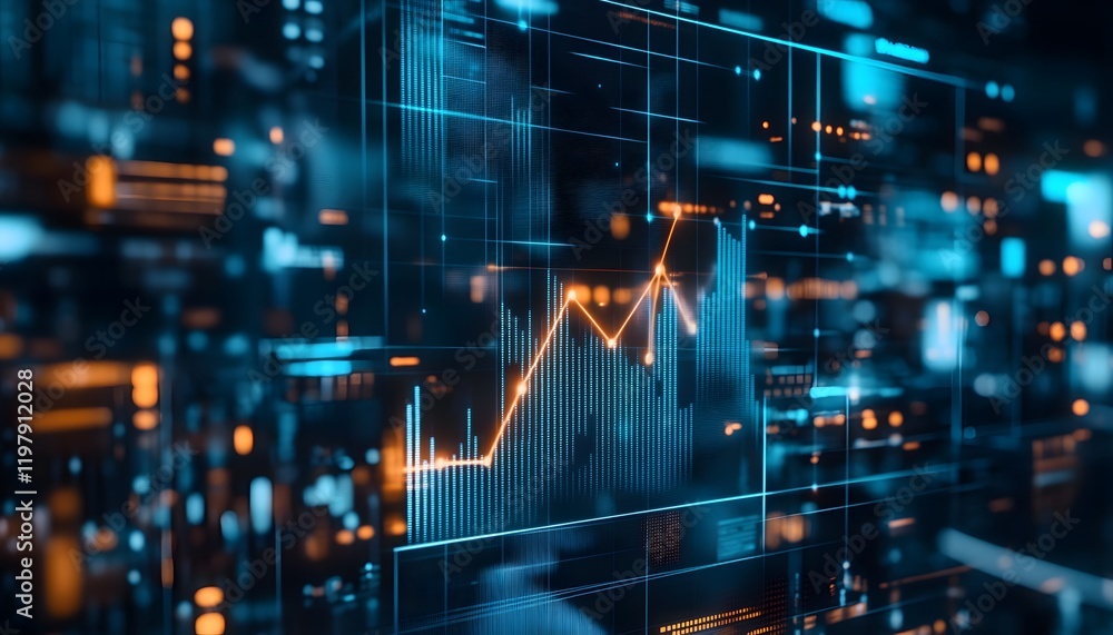 Poster futuristic data visualization featuring glowing graphs and charts