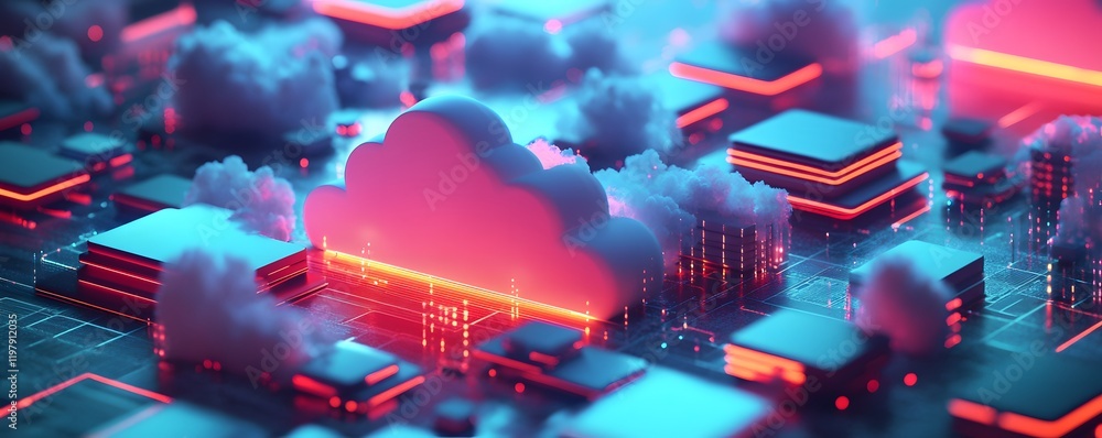 Poster futuristic digital landscape featuring glowing clouds and interconnected data structures