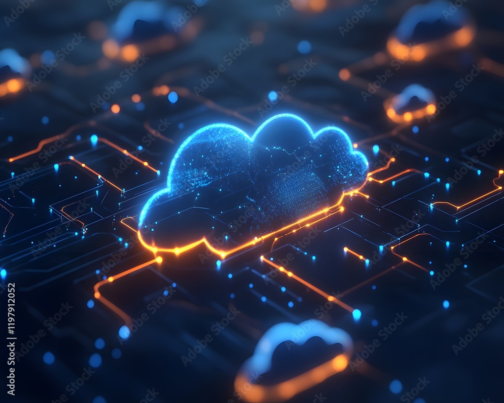 Poster futuristic digital cloud visualization featuring glowing neon circuits. ideal for concepts of cloud 