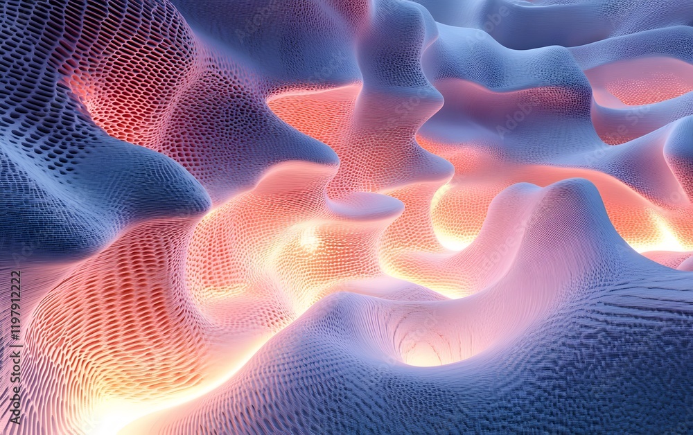 Poster this abstract image features fluid, wave-like patterns in vibrant blue and orange hues, creating a d