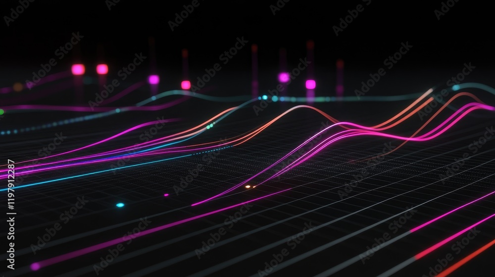 Poster a digital line graph with multiple colored lines trending upward, displayed on a sleek black backgro