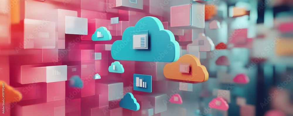 Poster vibrant digital representation of cloud computing with colorful data blocks