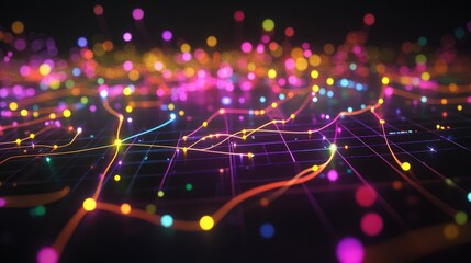 A digital screen displaying a line graph with multiple colored lines moving upward, over a dark grid background with glowing data points