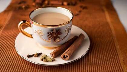 Obraz premium A cup of masala chai sits on a saucer, spices nearby.