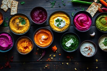 vibrant top-view composition showcasing a variety of colorful spreads in a messy yet artistic arrangement. Bowls and jars filled with bright hues