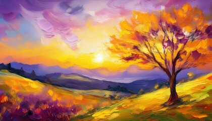 Vibrant Abstract Oil Painting Colorful Yellows and Purples Dominate a Stunning Sunset Landscape Background, Invoking a Sense of Peace and Tranquility in the Evening Sky on at .