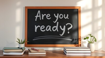 stock photo Chalkboard with the question Are you ready in a sans-serif font. Notebooks are on the table. Strong, warm terracotta and cool teal tones create hard light and dramatic shadows.