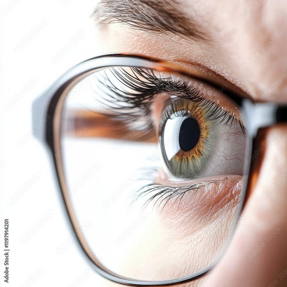 Poster close up view of a human eye wearing glasses with detailed focus on iris and eyelashes at daytime. g