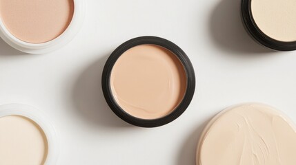 Close-up of several open containers of creamy foundation makeup in various shades on a white background.