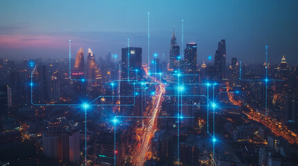 Fototapeta premium abstract, business, team, stands, peak, success, Abstract business man stands on the peak of success amid tall, innovative Smart city and graphs with statistics to analyze business potential and predi