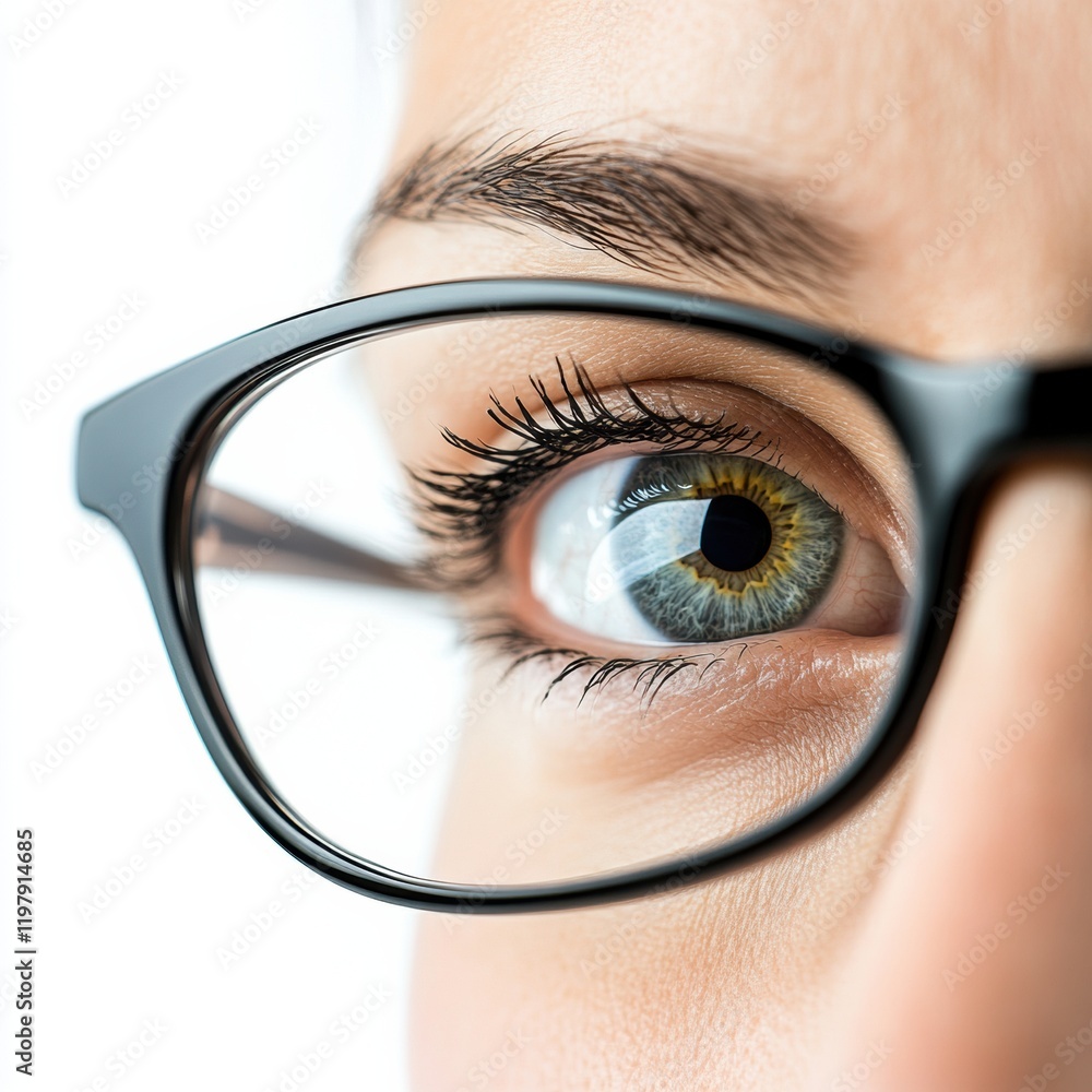 Poster close up view of a human eye behind glasses, highlighting detailed structures and vivid color variat