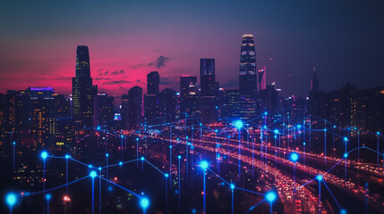 Fototapeta premium abstract, business, team, stands, peak, success, Abstract business man stands on the peak of success amid tall, innovative Smart city and graphs with statistics to analyze business potential and predi