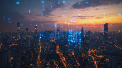 Fototapeta premium abstract, business, team, stands, peak, success, Abstract business man stands on the peak of success amid tall, innovative Smart city and graphs with statistics to analyze business potential and predi