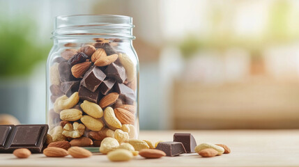 Nutritious trail mix combining chocolate, nuts, dried fruit in glass jar, providing instant energy