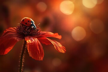 Naklejka premium Ladybug perched on a vibrant red poppy flower, bathed in warm, golden sunlight.