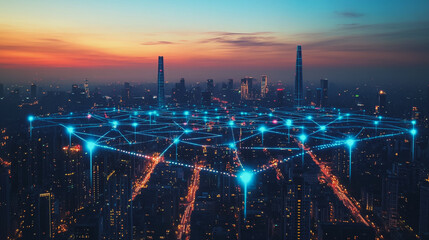 Fototapeta premium abstract, business, team, stands, peak, success, Abstract business man stands on the peak of success amid tall, innovative Smart city and graphs with statistics to analyze business potential and predi