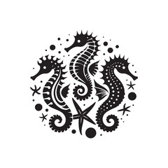Black Color Seahorses & starfish silhouette design Vector Illustration, Solid White Background (15).eps
