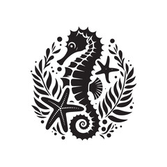 Black Color Seahorses & starfish silhouette design Vector Illustration, Solid White Background (16).eps