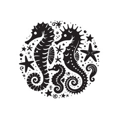Black Color Seahorses & starfish silhouette design Vector Illustration, Solid White Background (20).eps