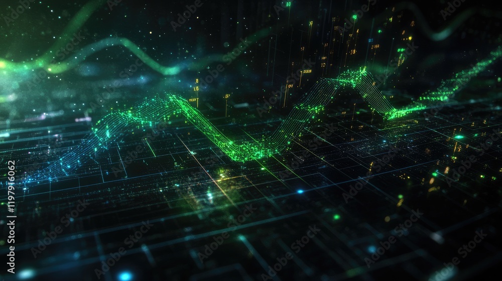 Poster a holographic line graph with upward trends in green and blue, over a dark background with digital g