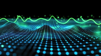 A holographic line graph with upward trends in green and blue, over a dark background with digital grid lines and glowing data points