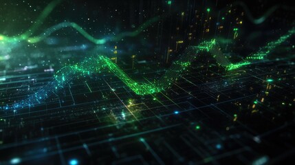 A holographic line graph with upward trends in green and blue, over a dark background with digital grid lines and glowing data points