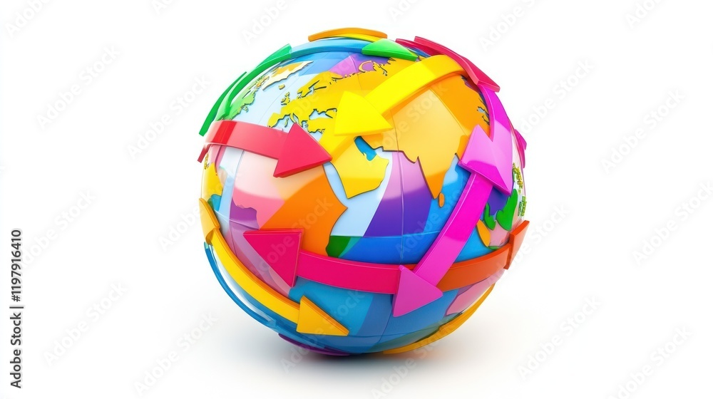 Poster global interconnection: a colorful 3d globe representing worldwide connections and data exchange