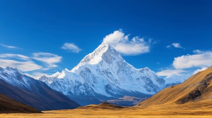Fototapeta premium A stunning snow-capped mountain rises majestically against a clear blue sky, surrounded by golden grasslands and distant peaks.