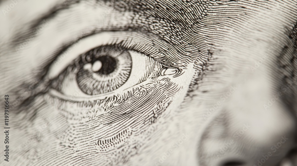 Poster close-up details of an engraved face on currency focusing on the fine lines and intricate patterns