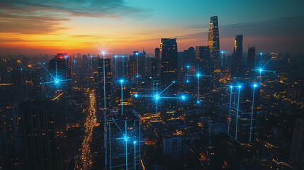 Fototapeta premium abstract, business, team, stands, peak, success, Abstract business man stands on the peak of success amid tall, innovative Smart city and graphs with statistics to analyze business potential and predi