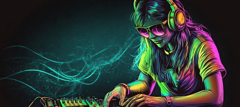 Female DJ in Neon Light Mixing Music with Headphones, Vibrant Colors, Artistic Portrait.